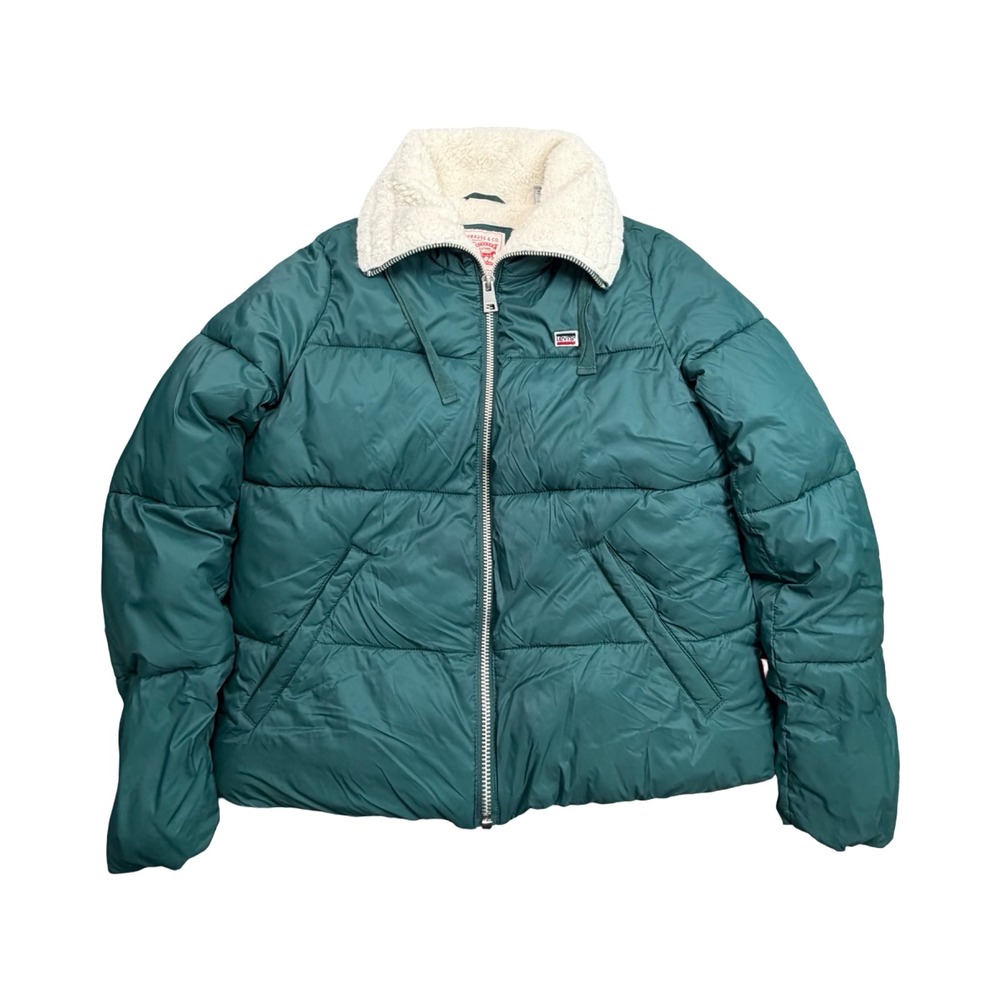 Levis Puffer Jacket Womens M Green Sherpa Lined Full Zip Quilted Winter Coat